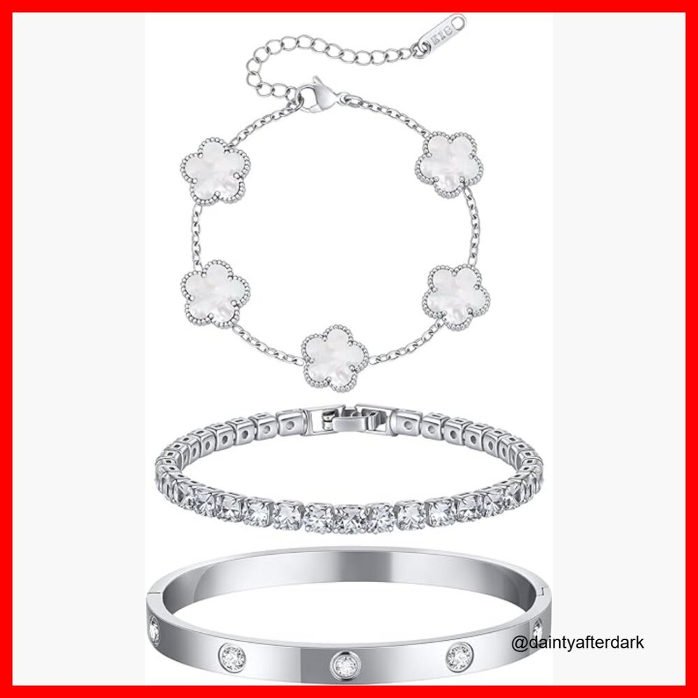Stackable Floral Silver Bracelets Set - 3pcs Silv… - image 1